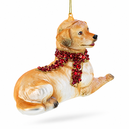Golden Retriever with Jeweled Collar Glass Christmas Ornament