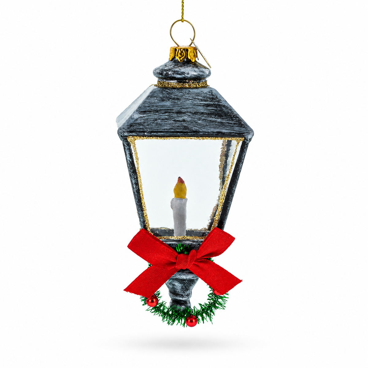 Festive Lantern with Red Bow Glass Christmas Ornament