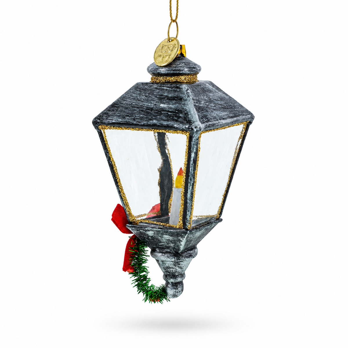 Festive Lantern with Red Bow Glass Christmas Ornament