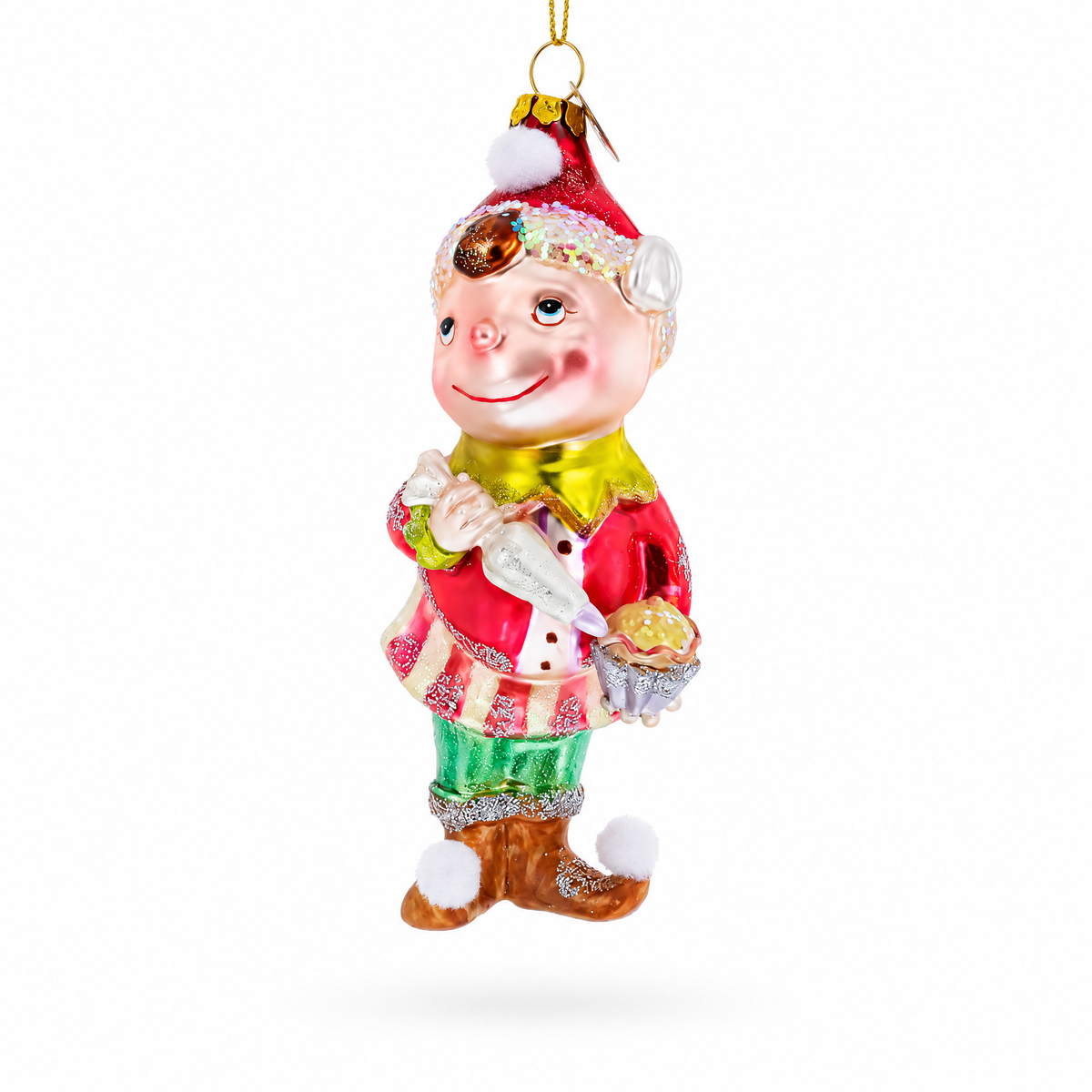 Whimsical Elf Decorating Cupcake Glass Christmas Ornament