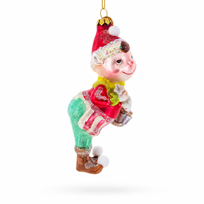 Whimsical Elf Decorating Cupcake Glass Christmas Ornament