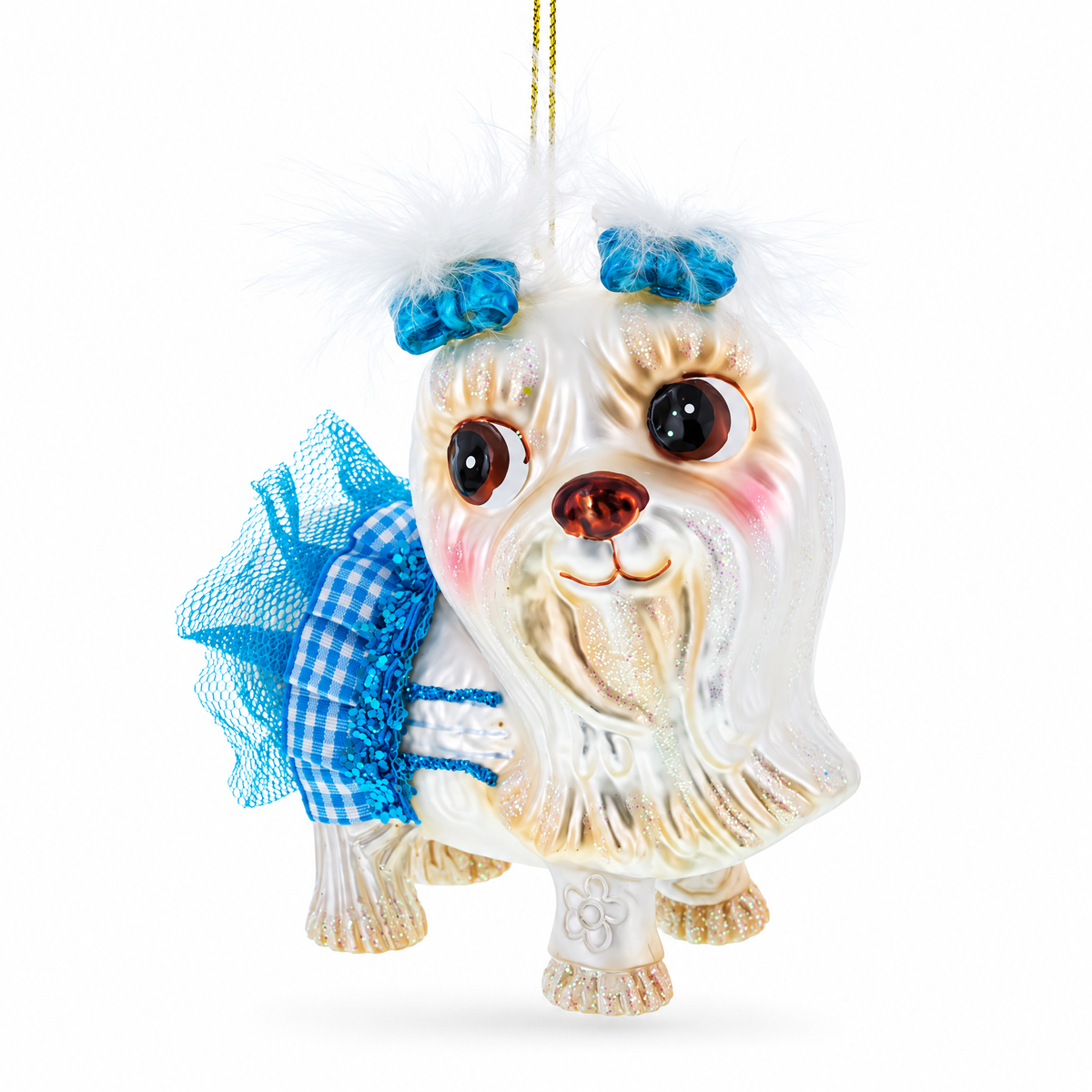 Maltese Dog in Blue Outfit Glass Christmas Ornament