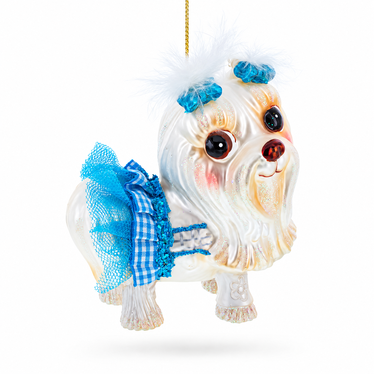 Maltese Dog in Blue Outfit Glass Christmas Ornament
