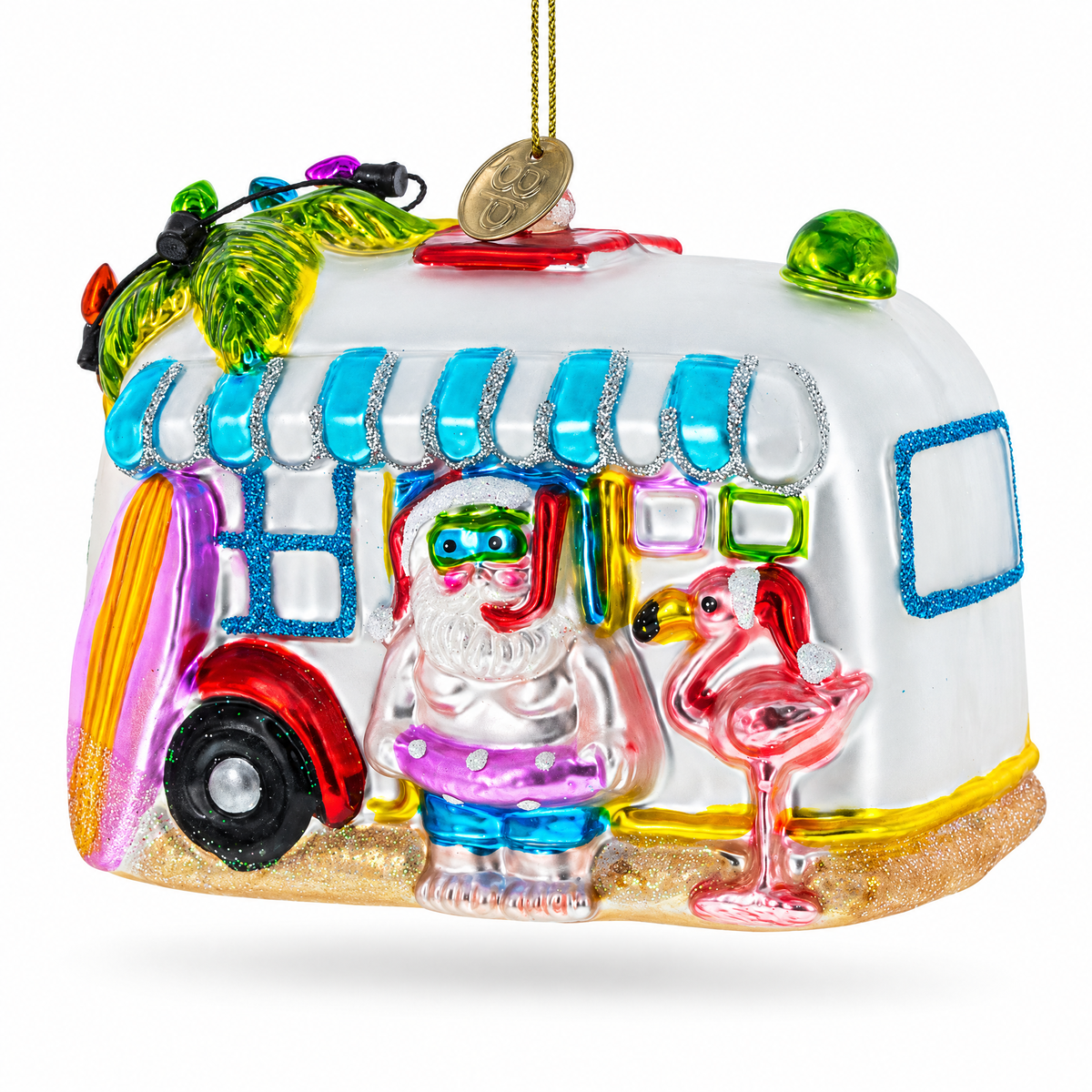 Snorkeling Santa in Camper Glass Christmas Ornament