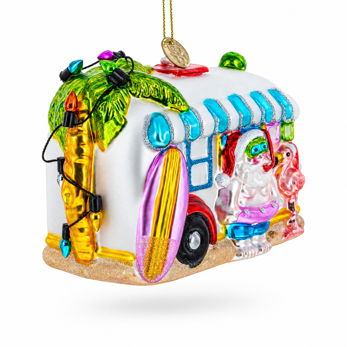 Snorkeling Santa in Camper Glass Christmas Ornament