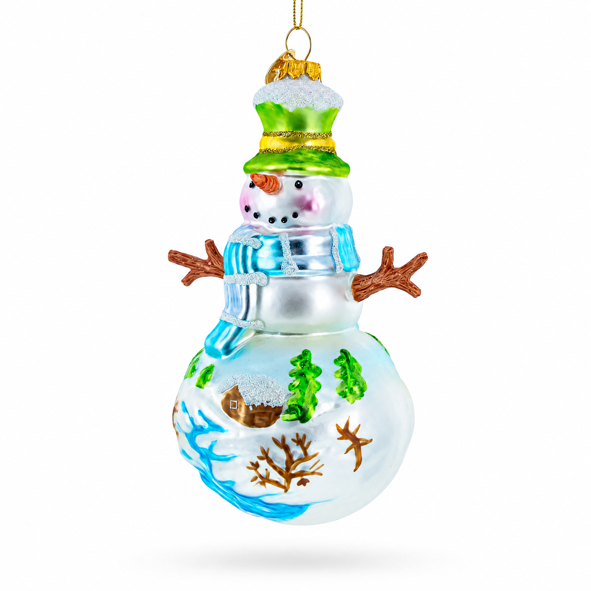 Snowman with Winter Village Painting Glass Christmas Ornament