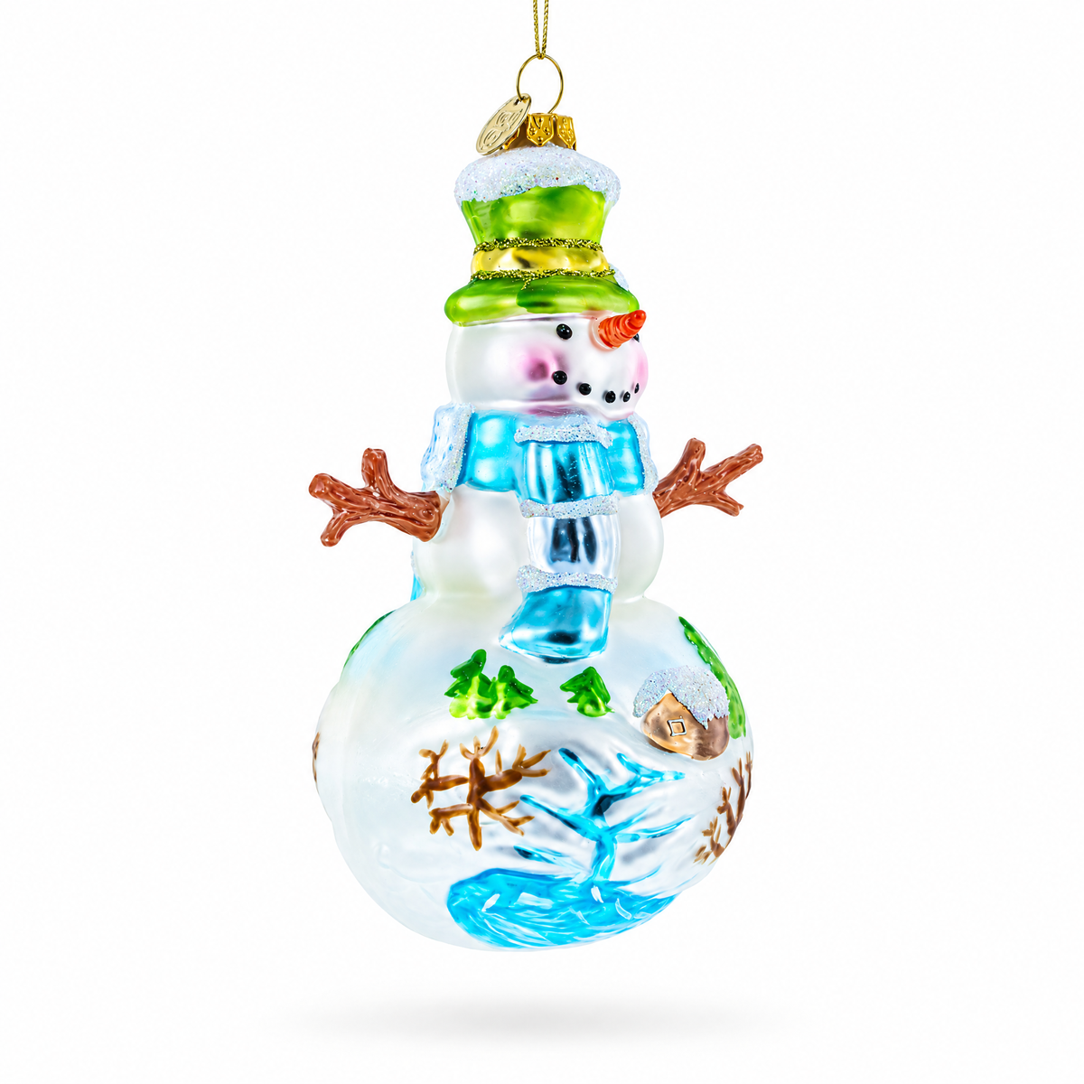 Snowman with Winter Village Painting Glass Christmas Ornament