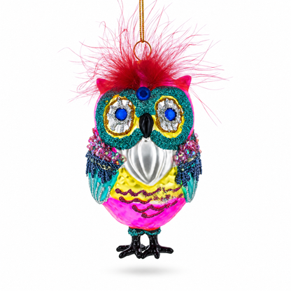 Vibrant Colorful Owl Glass Christmas Ornament