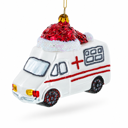 Ambulance in a Santa Hat Glass Christmas Ornament