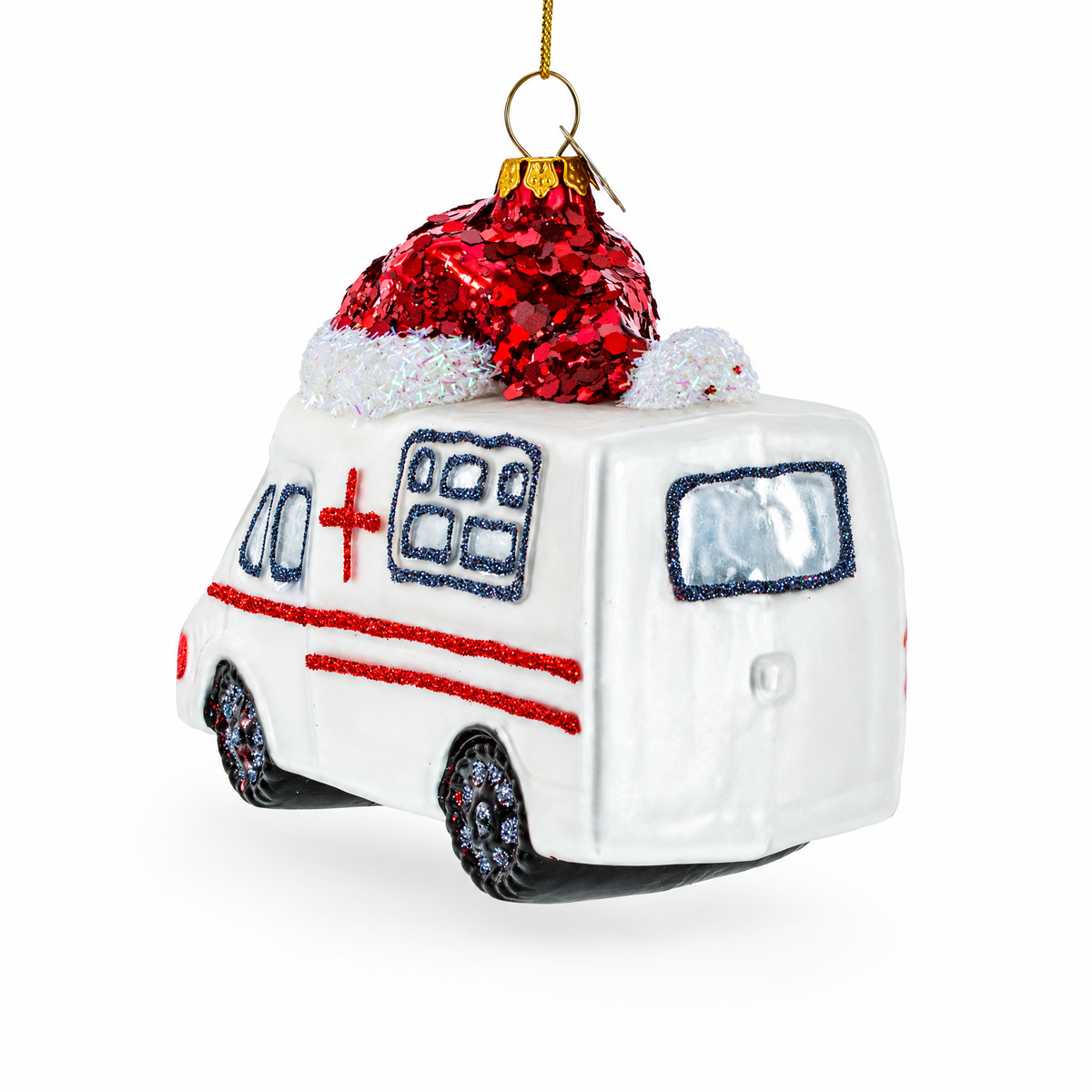 Ambulance in a Santa Hat Glass Christmas Ornament