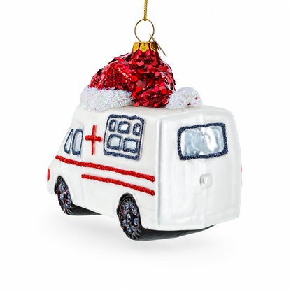 Ambulance in a Santa Hat Glass Christmas Ornament