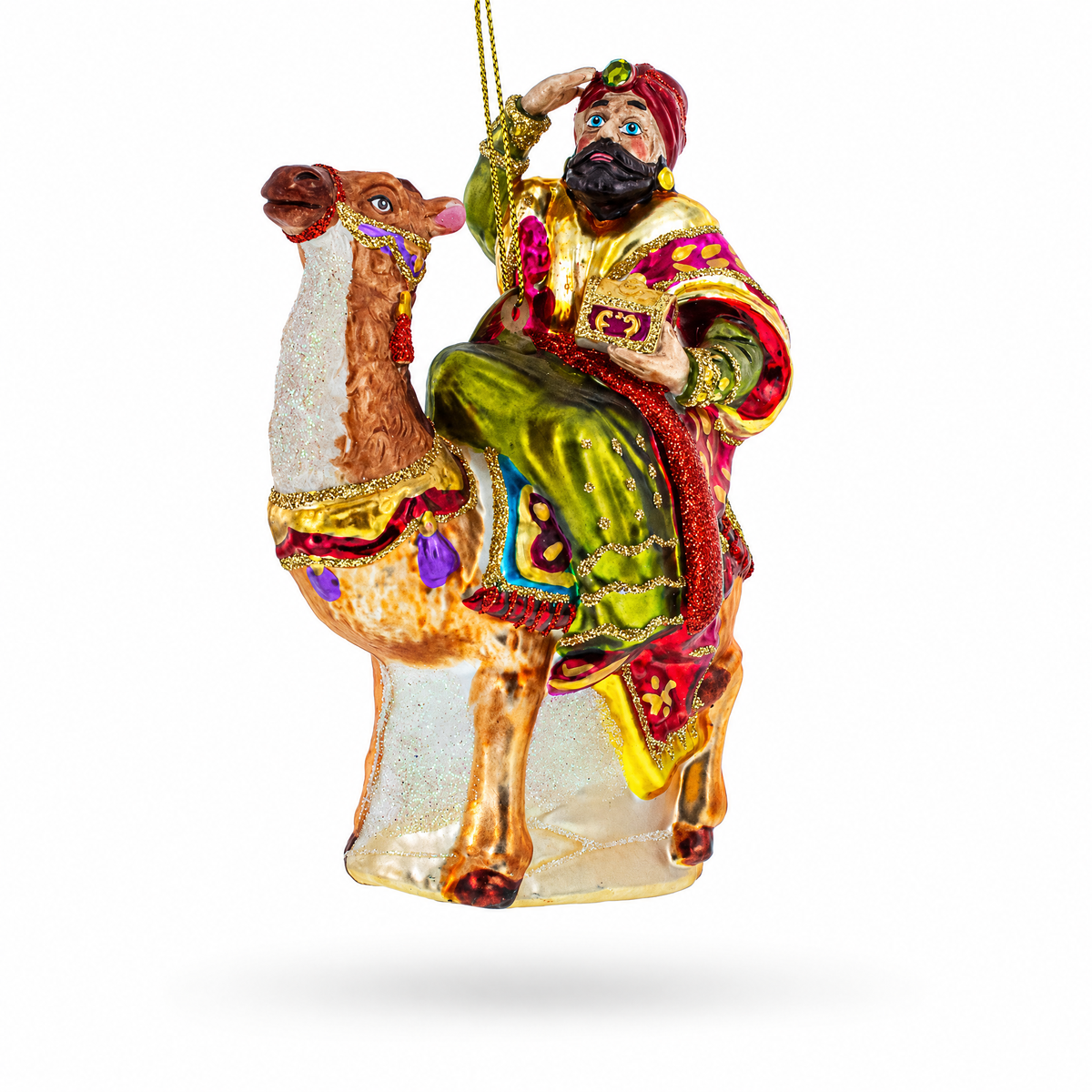 Majestic Wiseman with Gifts on Camel Glass Christmas Ornament