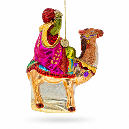 Majestic Wiseman with Gifts on Camel Glass Christmas Ornament