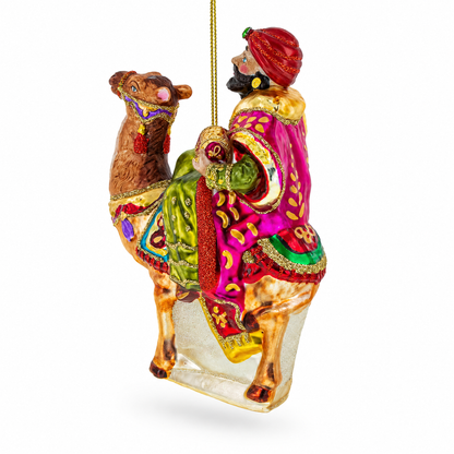 Majestic Wiseman with Gifts on Camel Glass Christmas Ornament