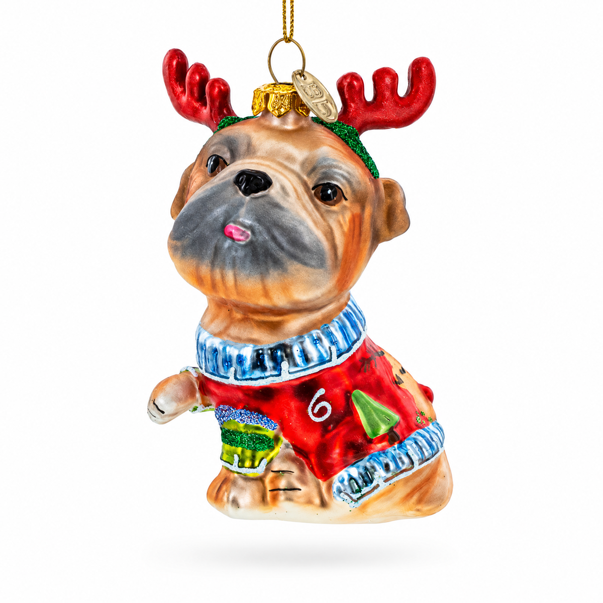 Pug Wearing Reindeer Antlers Glass Christmas Ornament
