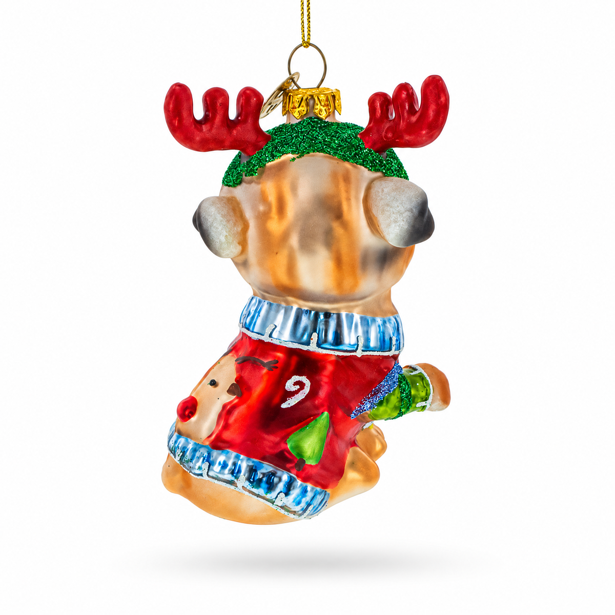 Pug Wearing Reindeer Antlers Glass Christmas Ornament