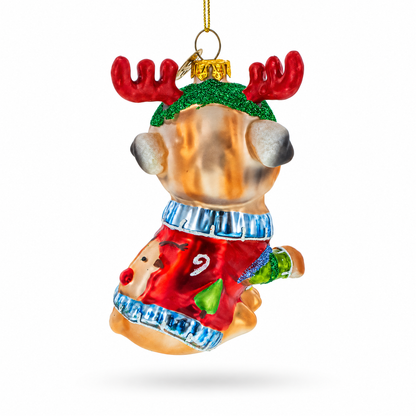Pug Wearing Reindeer Antlers Glass Christmas Ornament