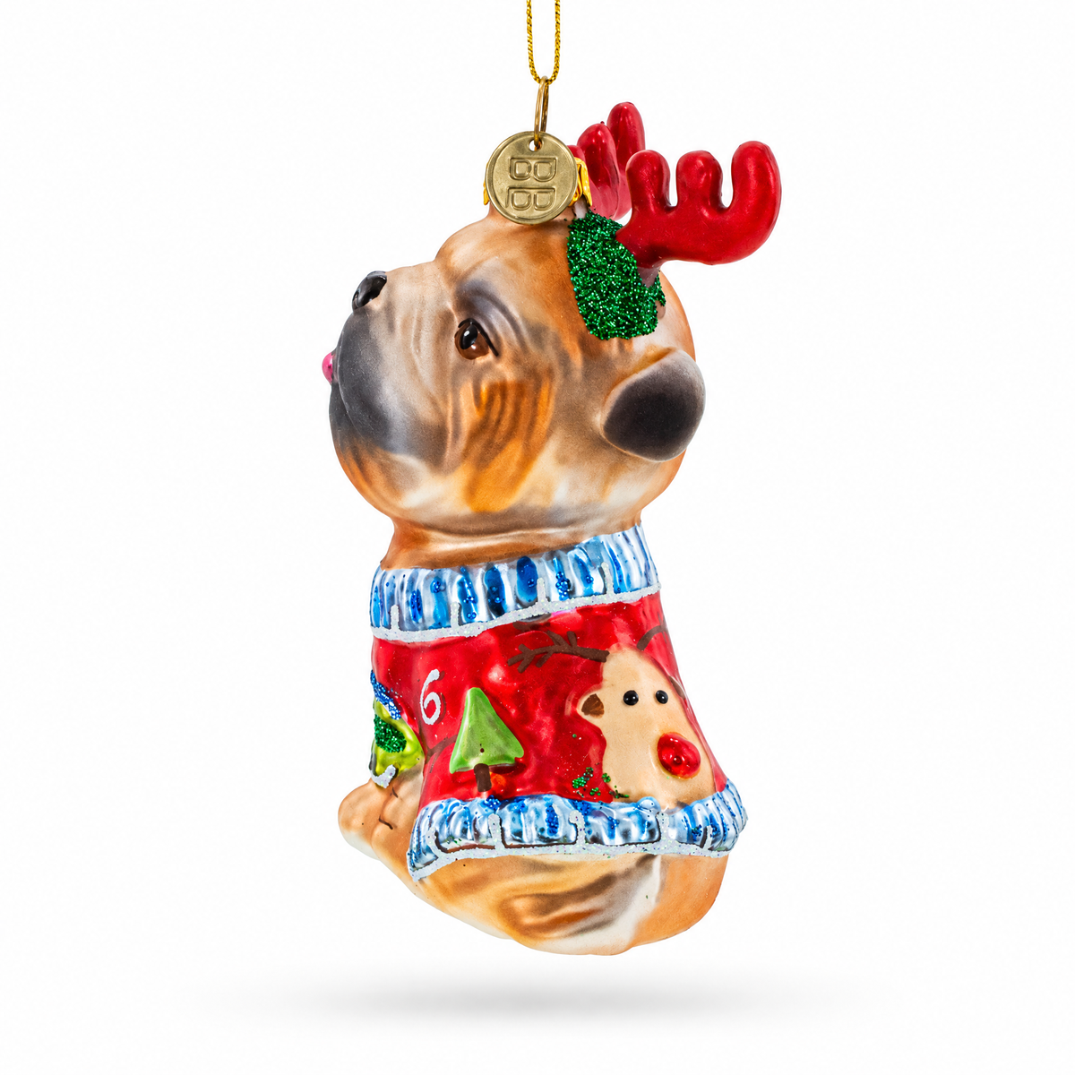 Pug Wearing Reindeer Antlers Glass Christmas Ornament