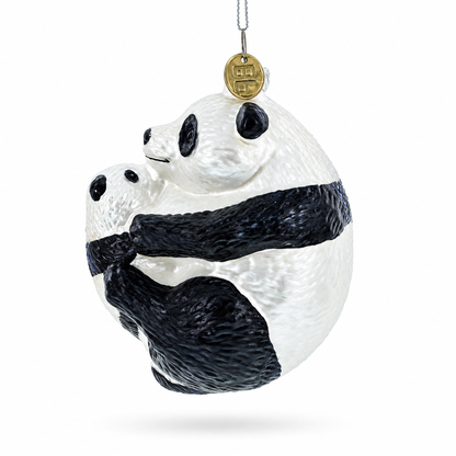 Mother and Baby Panda Embrace Glass Christmas Ornament