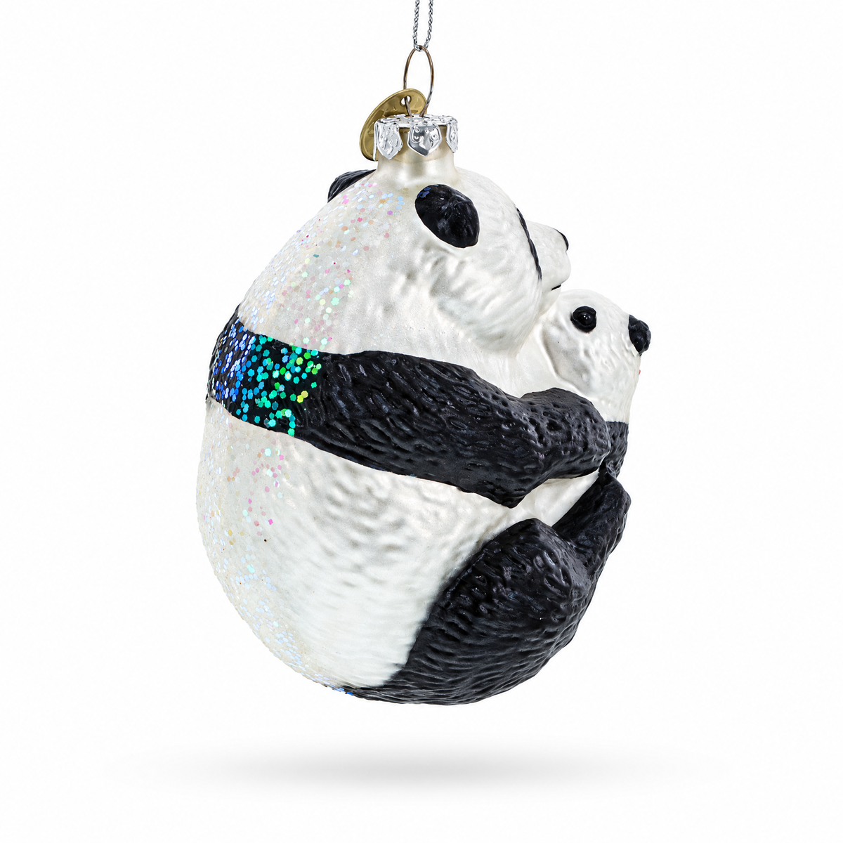 Mother and Baby Panda Embrace Glass Christmas Ornament