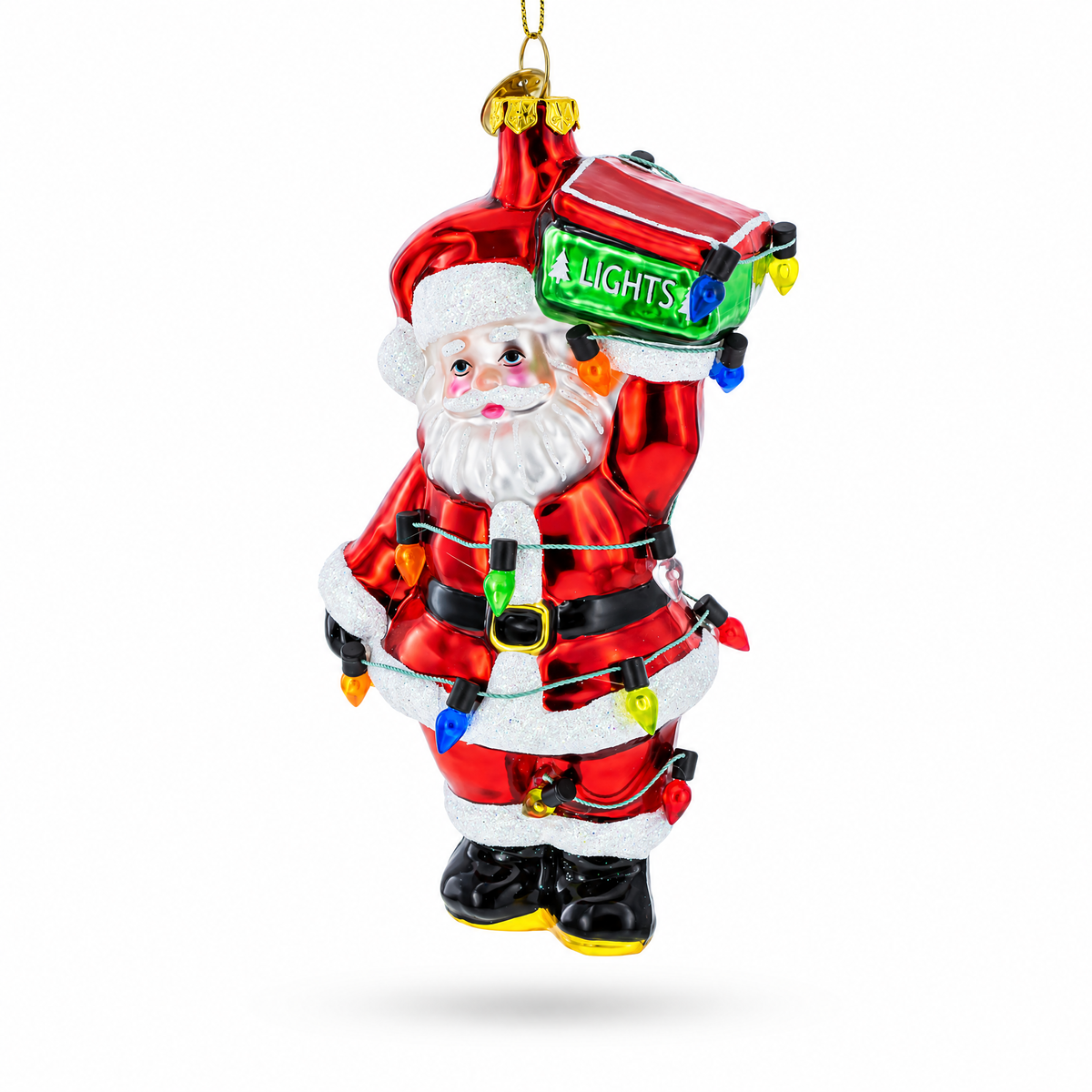 Santa with Festive Lights Glass Christmas Ornament