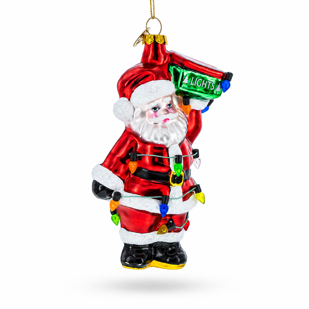 Santa with Festive Lights Glass Christmas Ornament