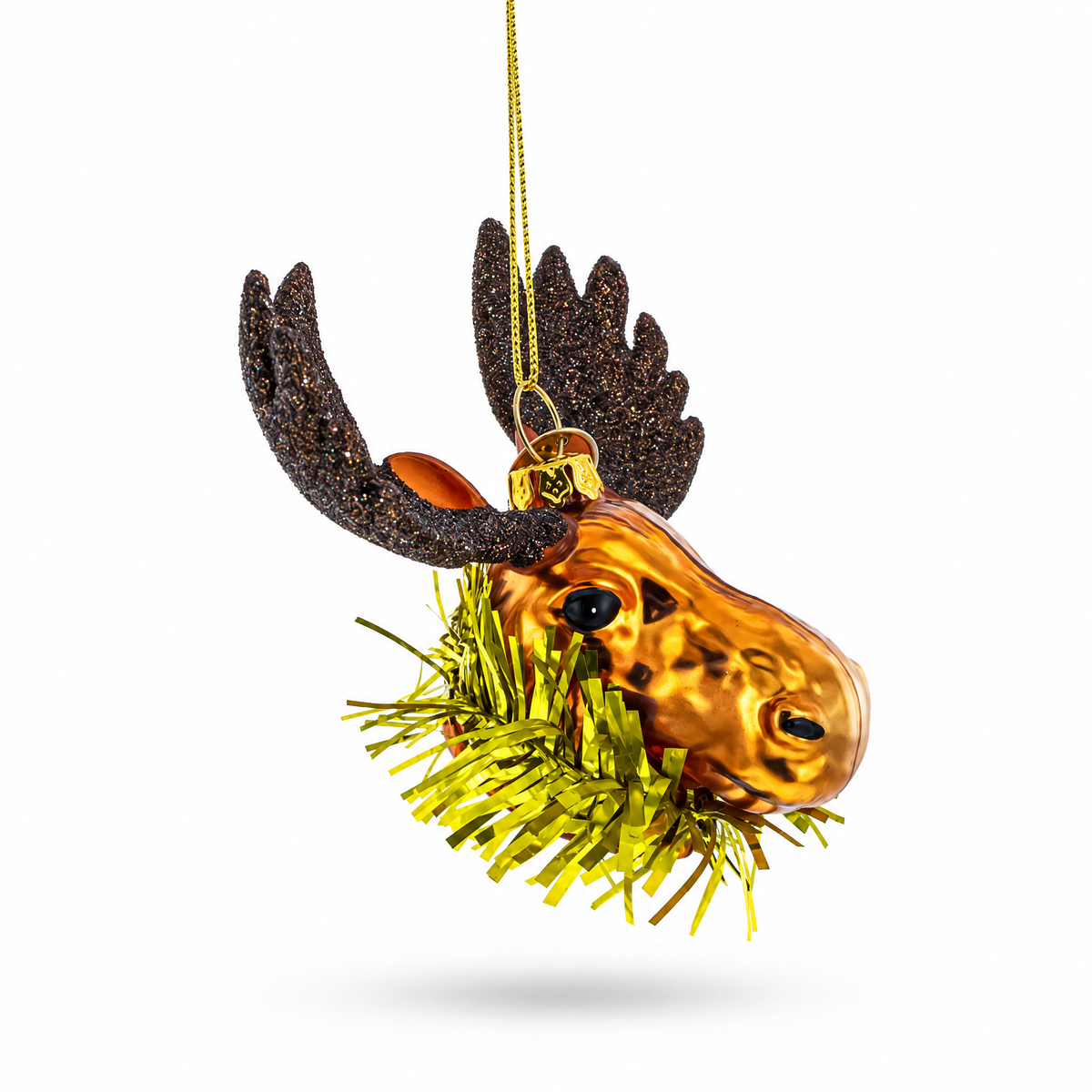 Moose Head Adorned with Tinsel Collar Glass Christmas Ornament