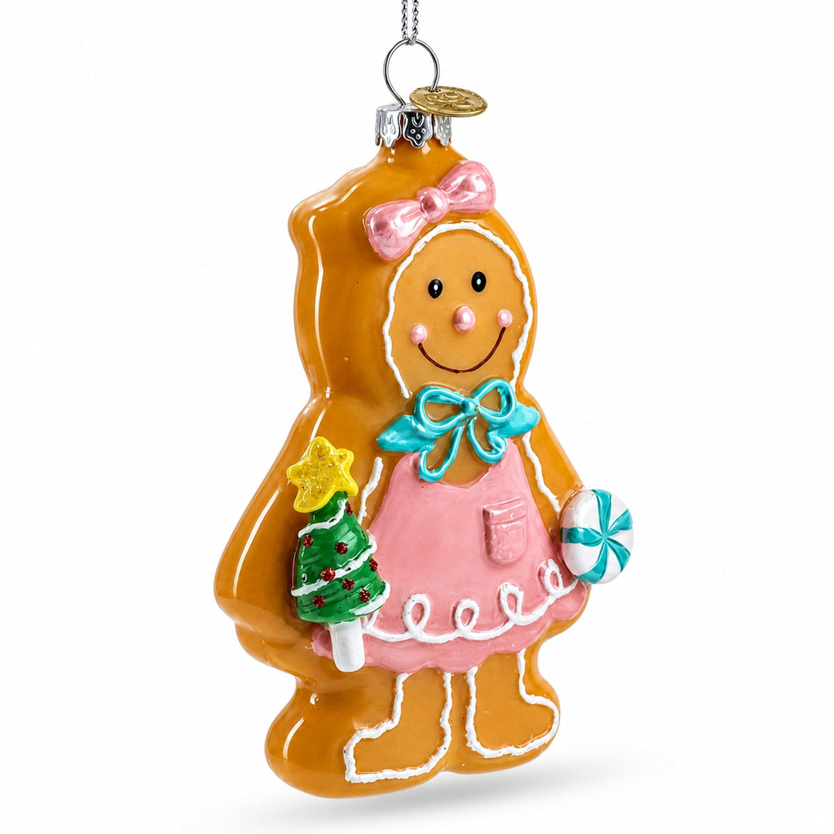 Sweet Gingerbread Girl in Festive Attire Glass Christmas Ornament