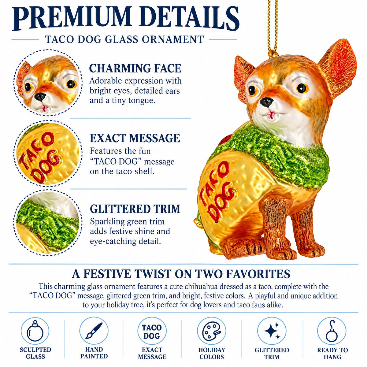 Chihuahua Taco Dog Glass Christmas Ornament