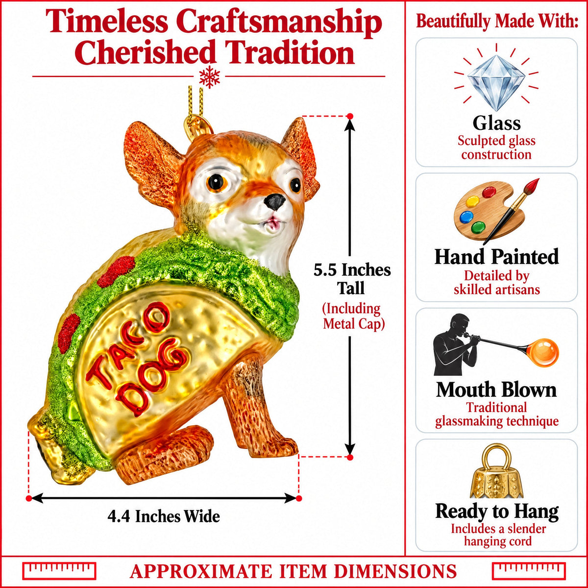 Chihuahua Taco Dog Glass Christmas Ornament
