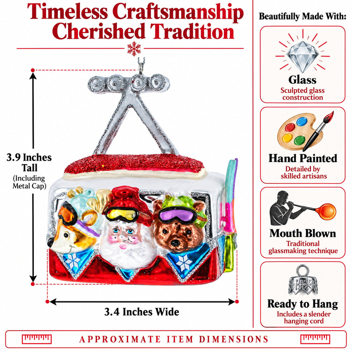 Gondola Ride with Santa, Fox, and Bear Glass Christmas Ornament