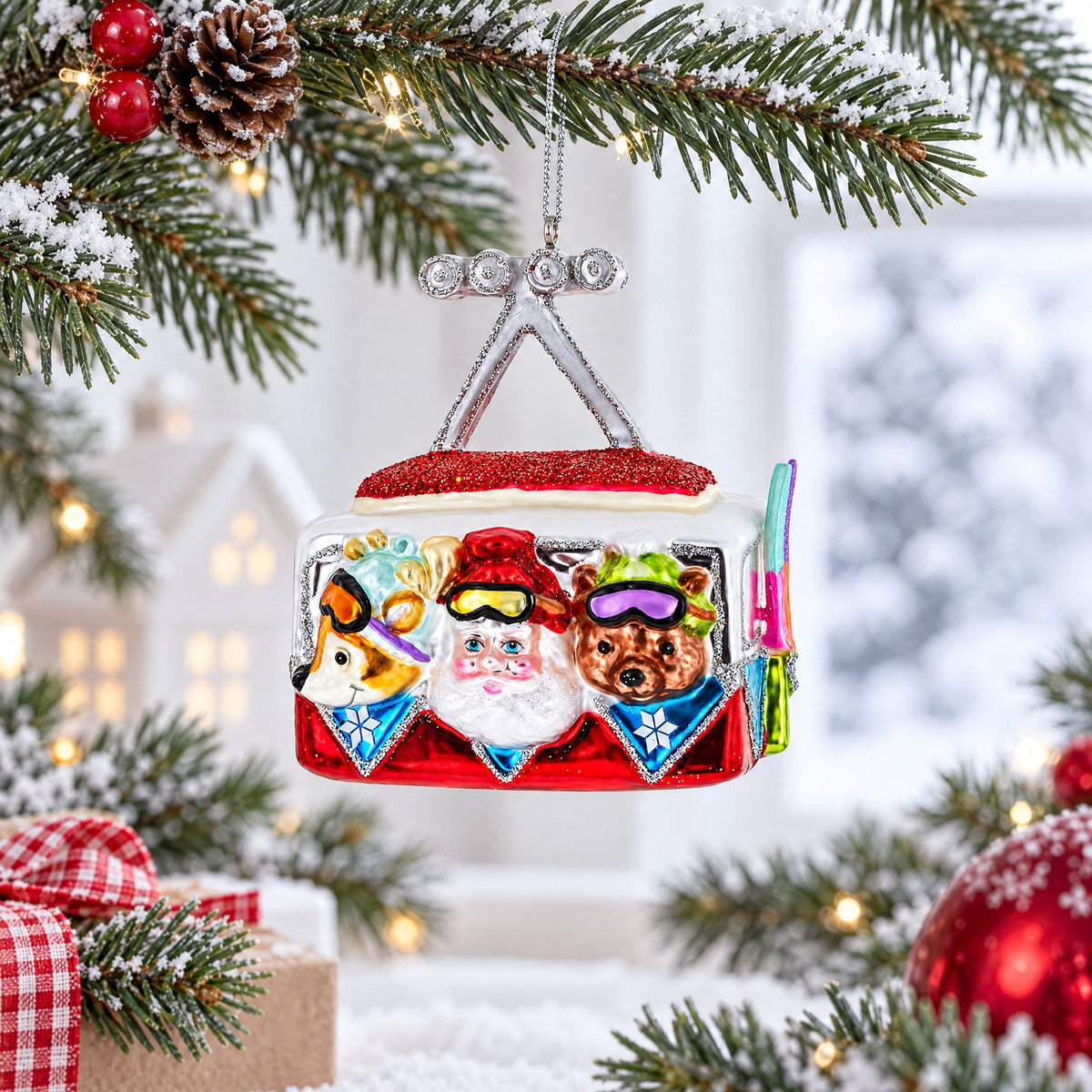 Gondola Ride with Santa, Fox, and Bear Glass Christmas Ornament