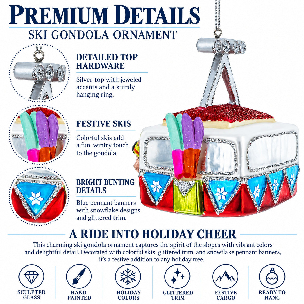 Gondola Ride with Santa, Fox, and Bear Glass Christmas Ornament