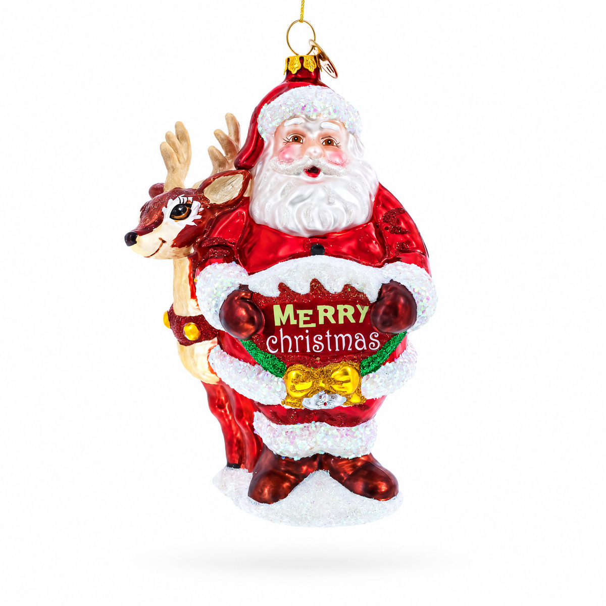 Santa with Reindeer with Sign Glass Christmas Ornament