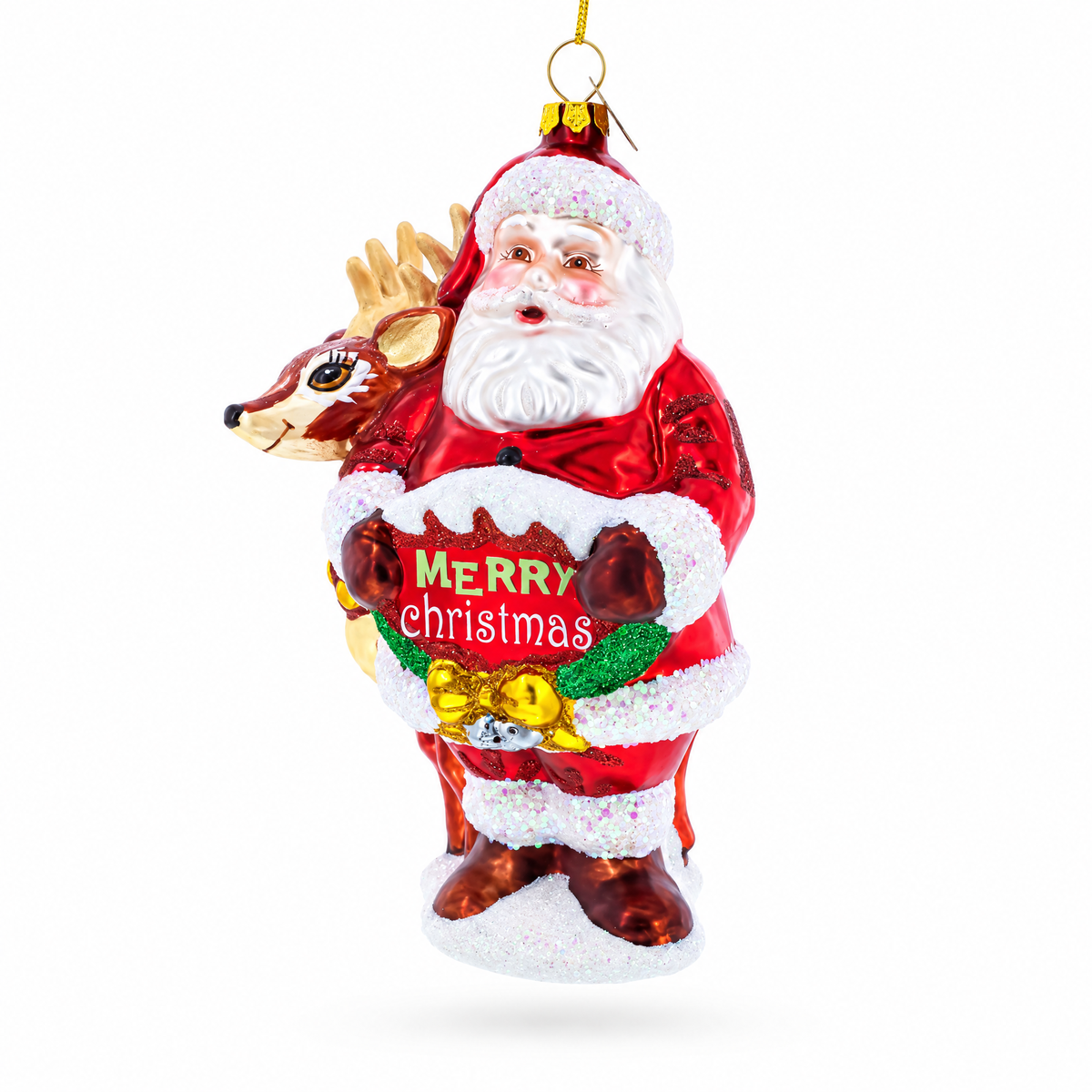 Santa with Reindeer with Sign Glass Christmas Ornament