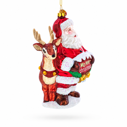 Santa with Reindeer with Sign Glass Christmas Ornament