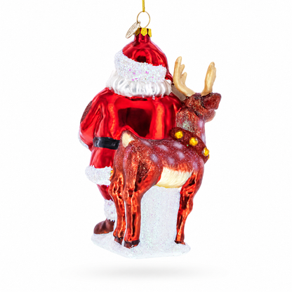 Santa with Reindeer with Sign Glass Christmas Ornament
