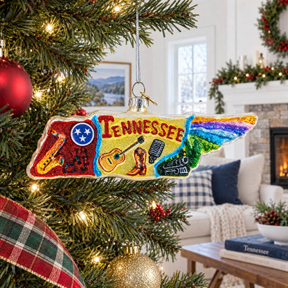 State of Tennessee Symbols, USA Glass Christmas Ornament