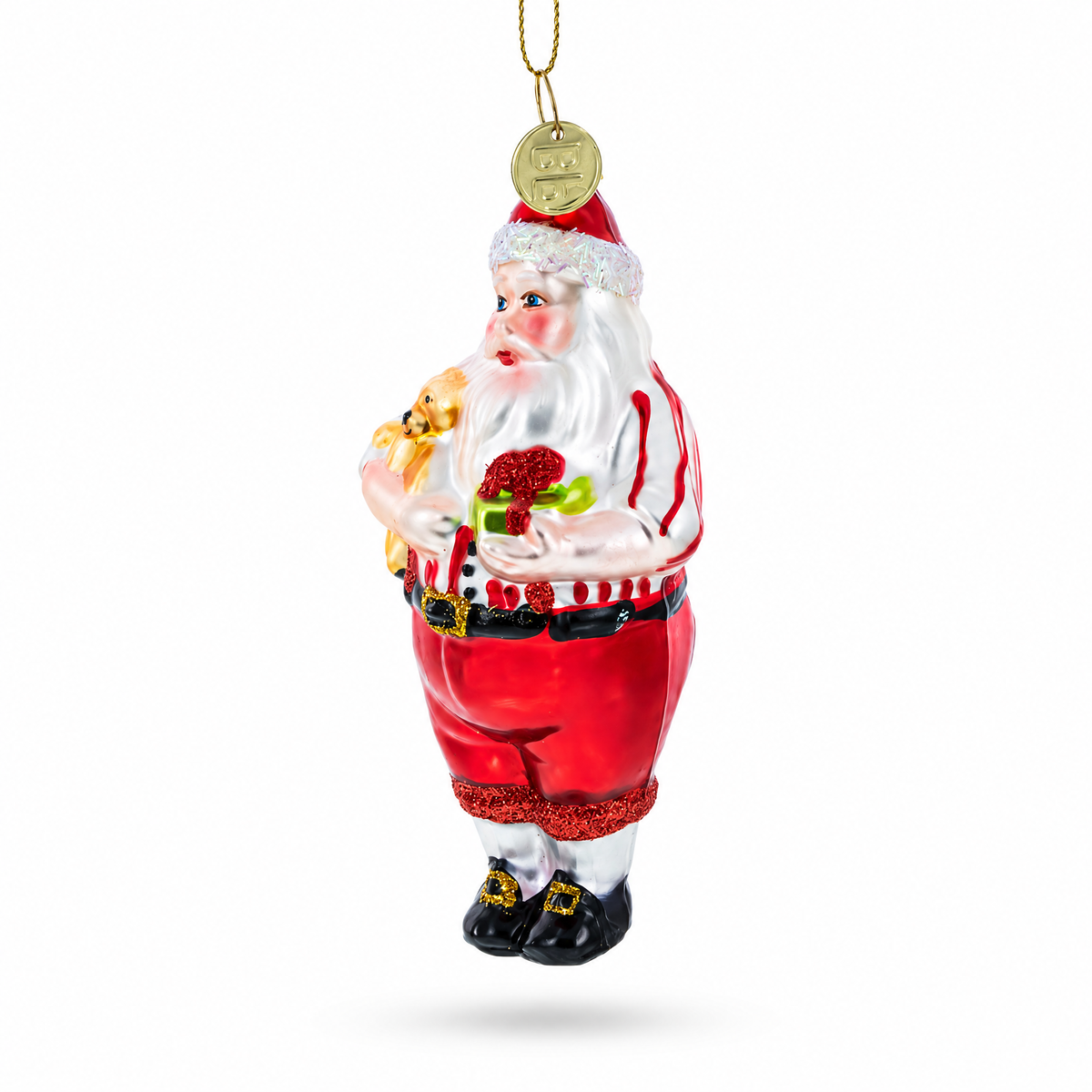 Santa with Teddy Bear and Gift Glass Christmas Ornament