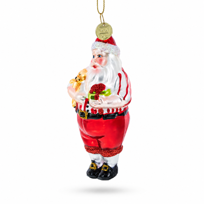 Santa with Teddy Bear and Gift Glass Christmas Ornament
