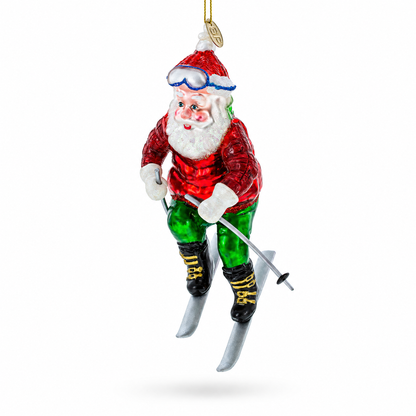 Santa on Skis Glass Christmas Ornament