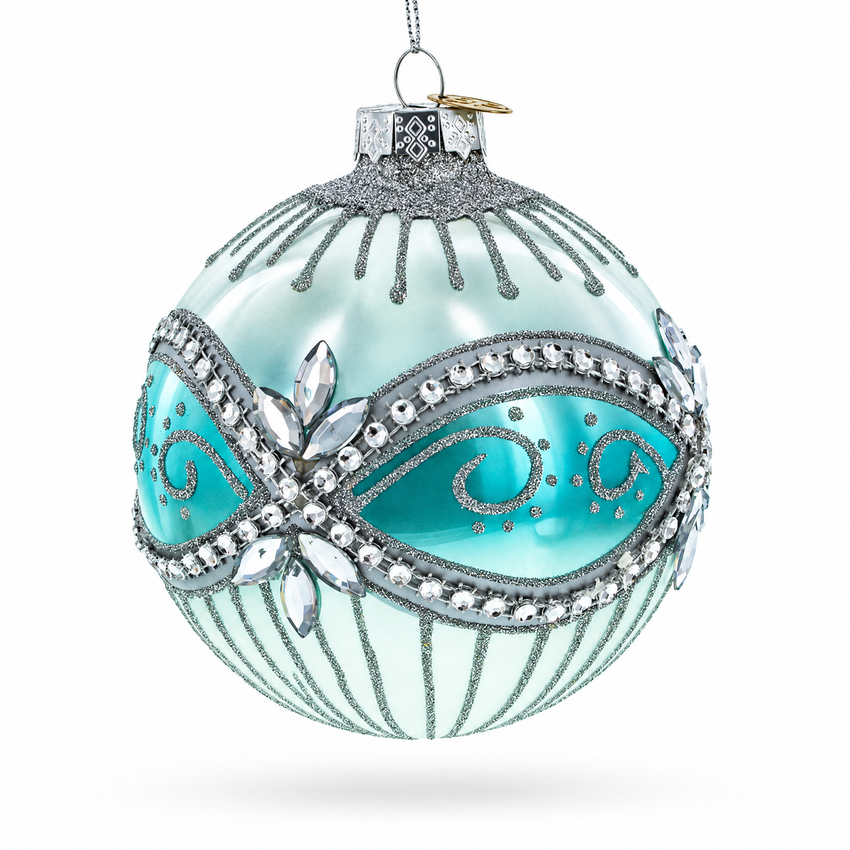 Elegant Silver and Blue Jeweled Glass Ball Christmas Ornament
