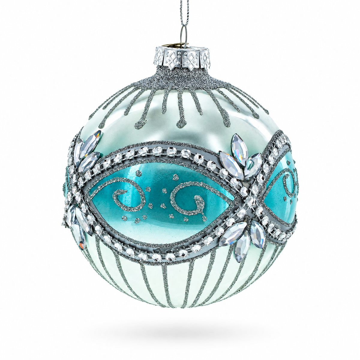 Elegant Silver and Blue Jeweled Glass Ball Christmas Ornament