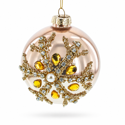 Rose Gold and Yellow Bejeweled Glass Egg Christmas Ornament