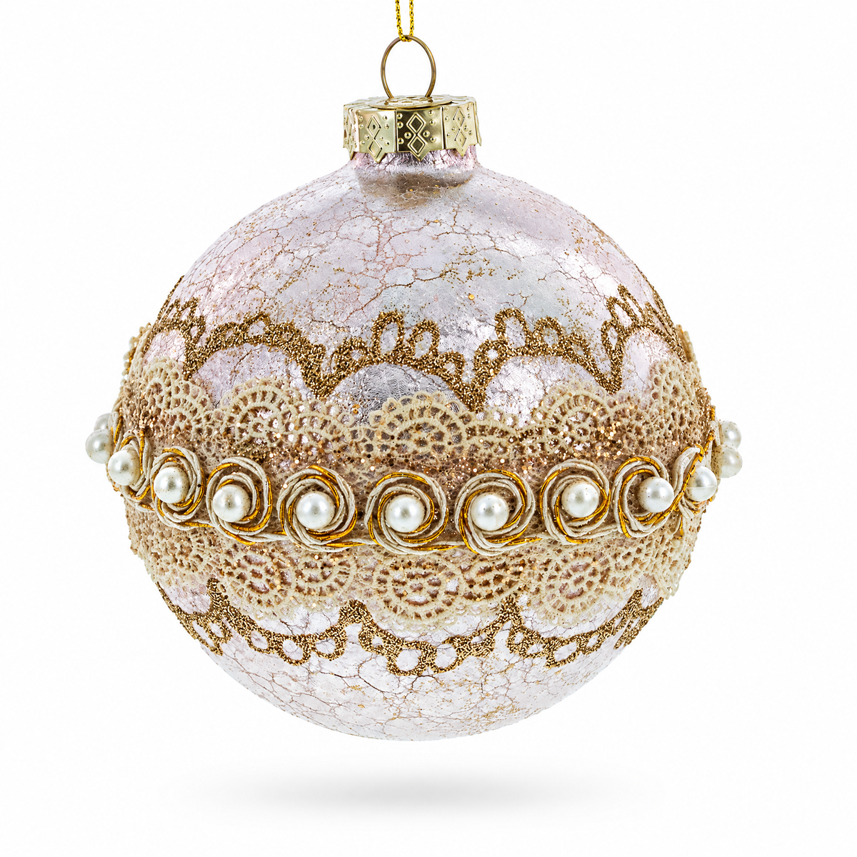 Lace-Adorned Pink Glass Egg Christmas Ornament