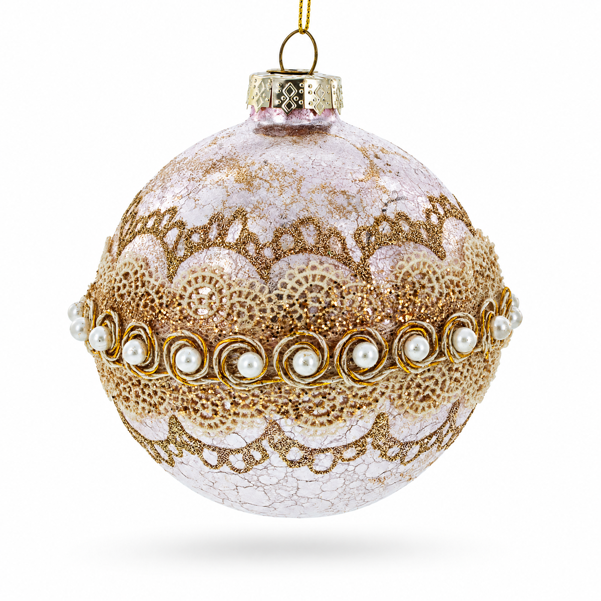 Lace-Adorned Pink Glass Egg Christmas Ornament