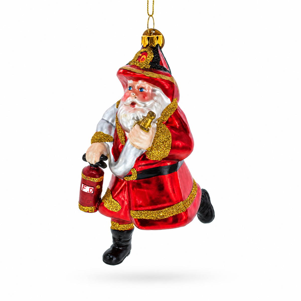 Firefighter Santa with Extinguisher Glass Christmas Ornament