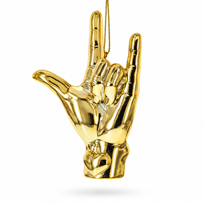 Golden Sign Language "I Love You" Glass Christmas Ornament