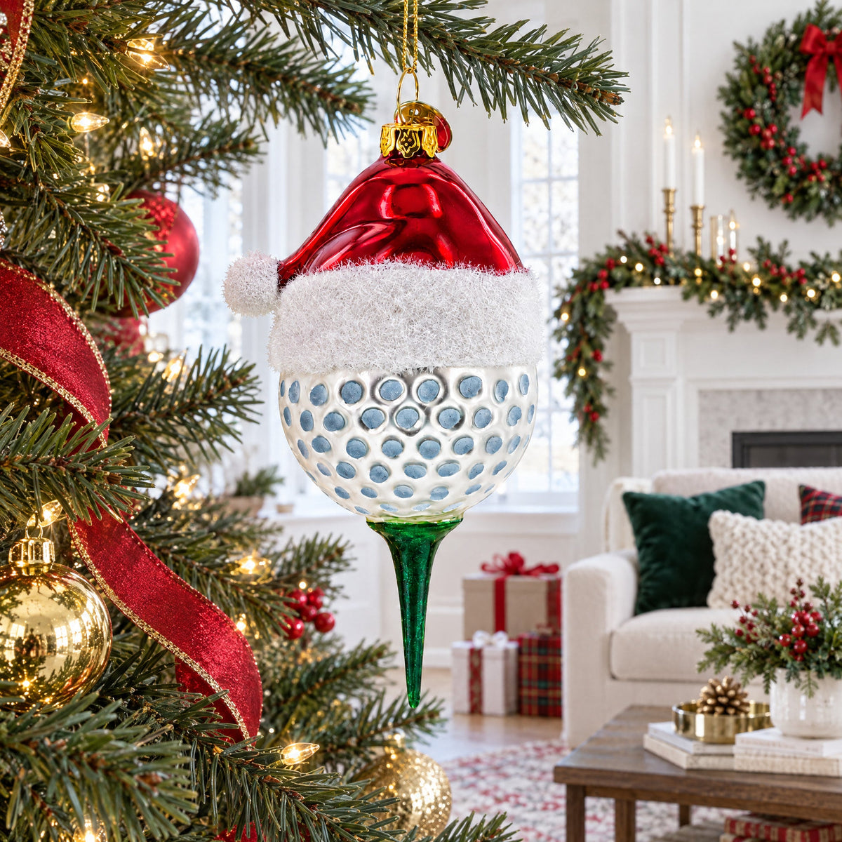 Golf Ball with Holiday Cheer Glass Christmas Ornament