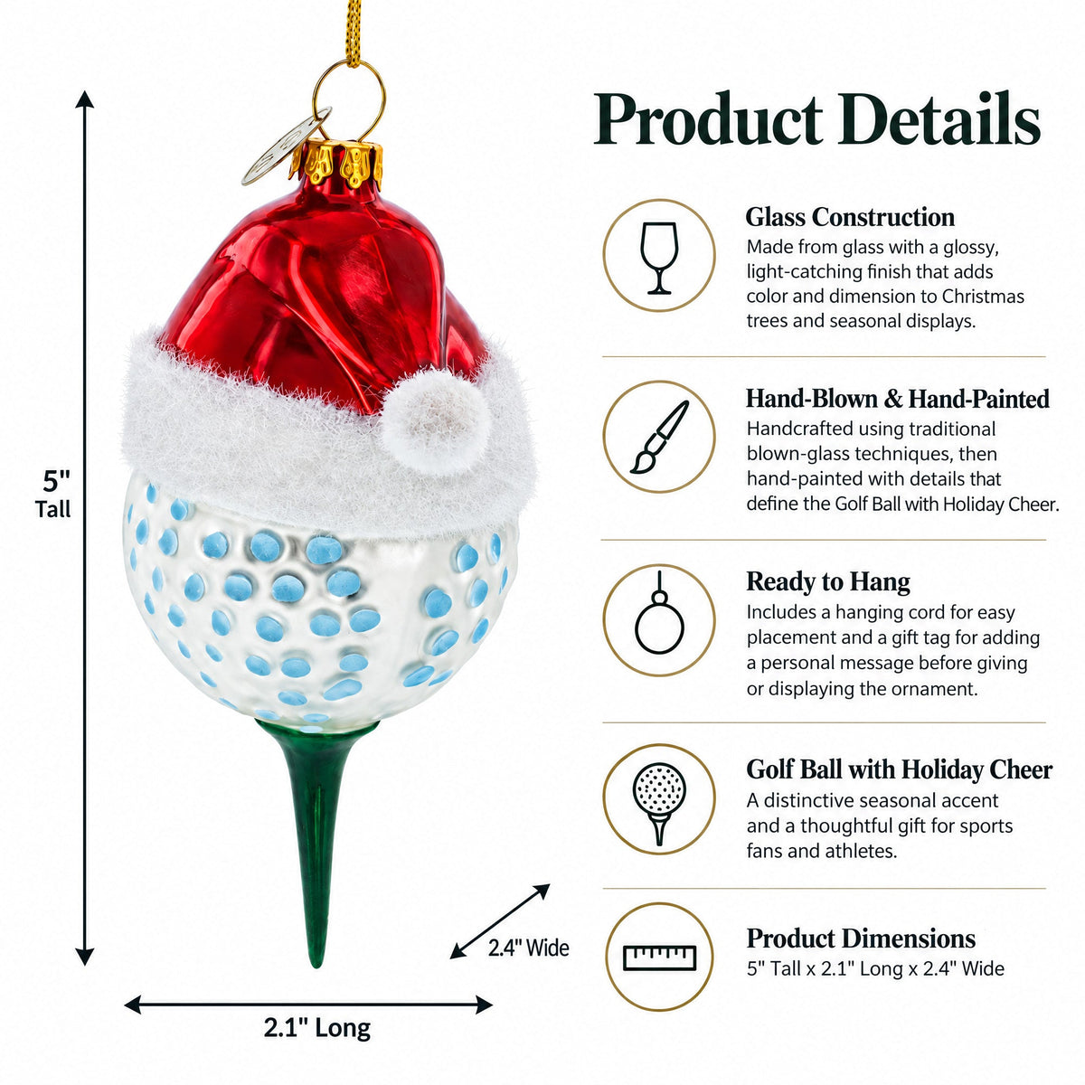 Golf Ball with Holiday Cheer Glass Christmas Ornament